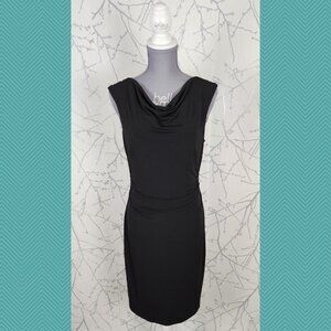 David Meister Black Stretch Knit Cowl Neck Ruched Sheath Dress